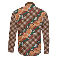 Polynesian Monstera Tiare Floral Family Matching Off The Shoulder Long Sleeve Dress and Hawaiian Shirt Chocolate Brown Tropical Plaid - Polynesian Pride
