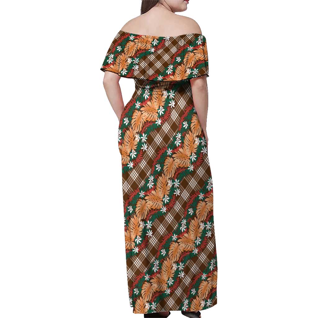 Polynesian Monstera Tiare Floral Family Matching Off Shoulder Maxi Dress and Hawaiian Shirt Chocolate Brown Tropical Plaid - Polynesian Pride