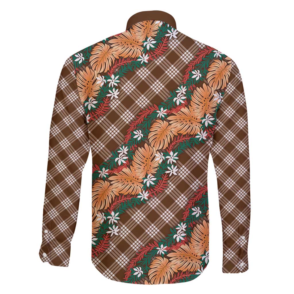 Polynesian Monstera Tiare Floral Family Matching Off Shoulder Short Dress and Hawaiian Shirt Chocolate Brown Tropical Plaid - Polynesian Pride