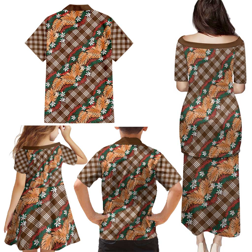 Polynesian Monstera Tiare Floral Family Matching Puletasi and Hawaiian Shirt Chocolate Brown Tropical Plaid - Polynesian Pride