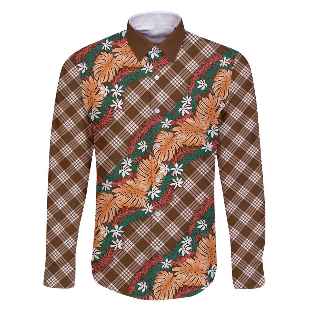 Polynesian Monstera Tiare Floral Family Matching Puletasi and Hawaiian Shirt Chocolate Brown Tropical Plaid - Polynesian Pride