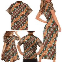 Polynesian Monstera Tiare Floral Family Matching Short Sleeve Bodycon Dress and Hawaiian Shirt Chocolate Brown Tropical Plaid - Polynesian Pride