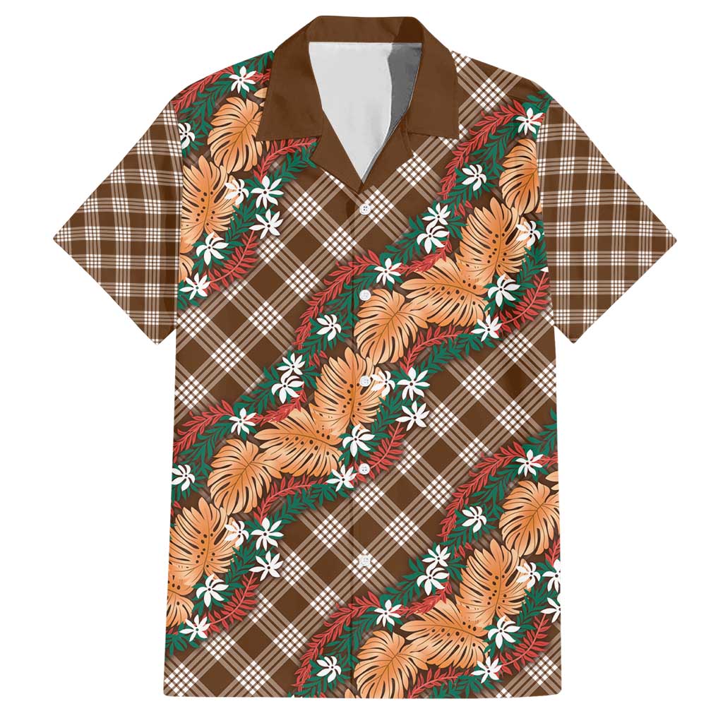 Polynesian Monstera Tiare Floral Family Matching Short Sleeve Bodycon Dress and Hawaiian Shirt Chocolate Brown Tropical Plaid - Polynesian Pride