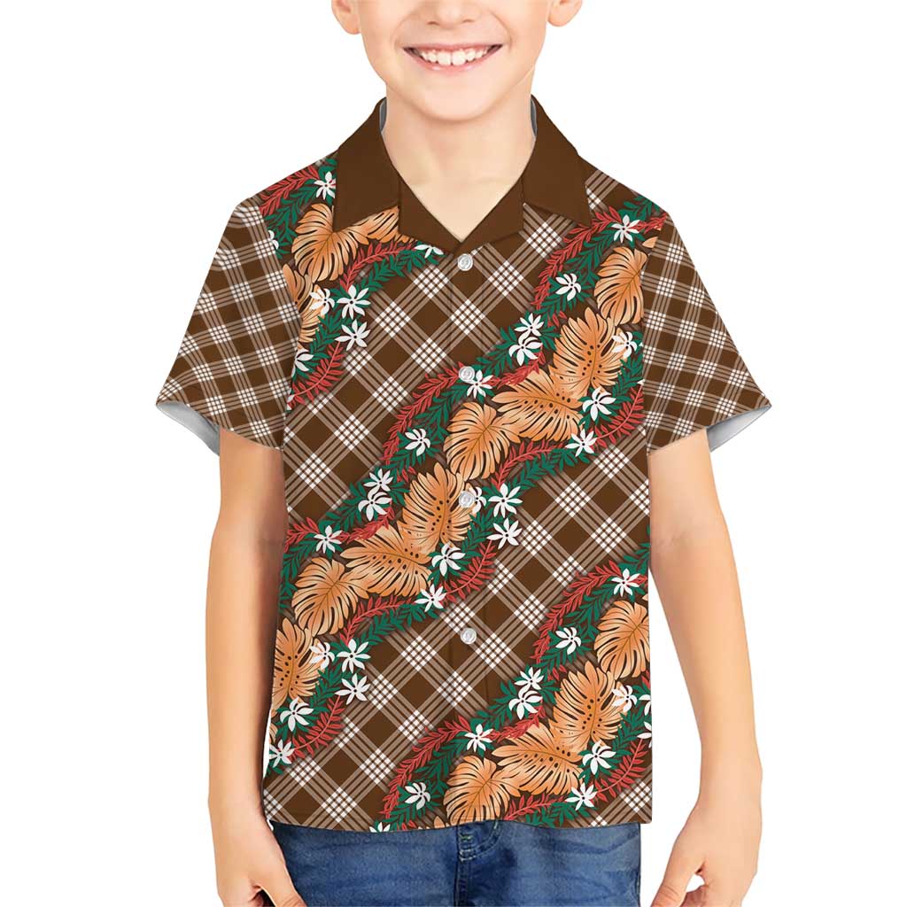 Polynesian Monstera Tiare Floral Family Matching Short Sleeve Bodycon Dress and Hawaiian Shirt Chocolate Brown Tropical Plaid - Polynesian Pride