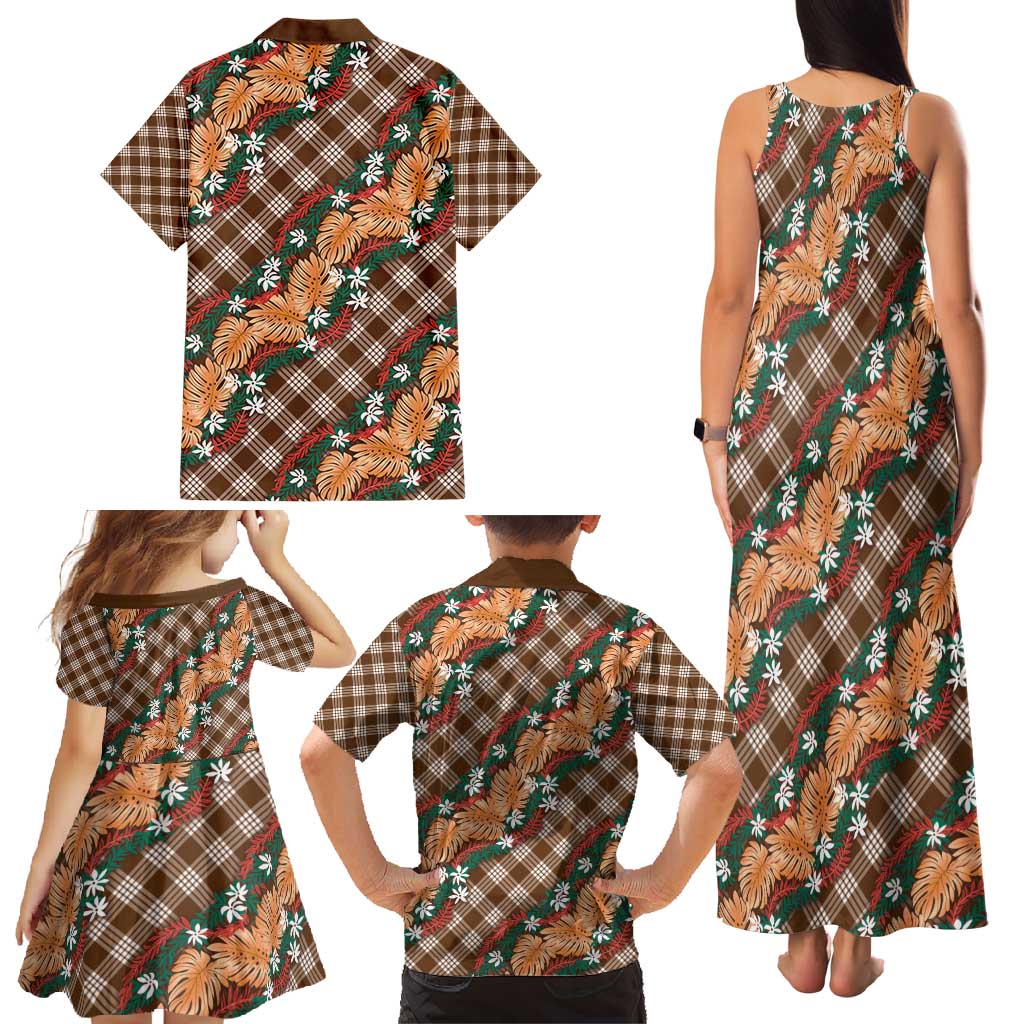 Polynesian Monstera Tiare Floral Family Matching Tank Maxi Dress and Hawaiian Shirt Chocolate Brown Tropical Plaid - Polynesian Pride