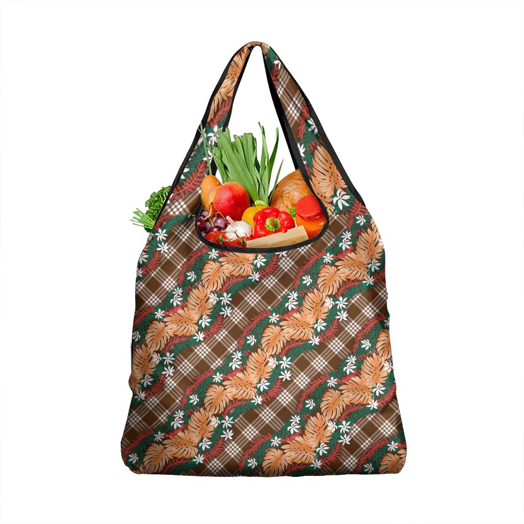 Polynesian Monstera Tiare Floral Grocery Bag Chocolate Brown Tropical Plaid LT01 1-pack One Size Brown - Polynesian Pride