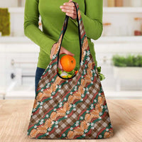 Polynesian Monstera Tiare Floral Grocery Bag Chocolate Brown Tropical Plaid - Polynesian Pride