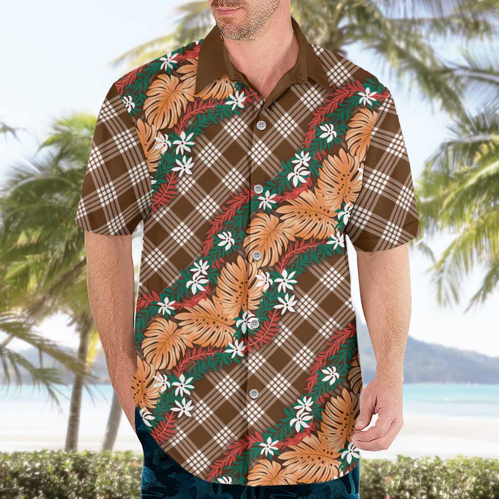 Polynesian Monstera Tiare Floral Hawaiian Shirt Chocolate Brown Tropical Plaid - Polynesian Pride