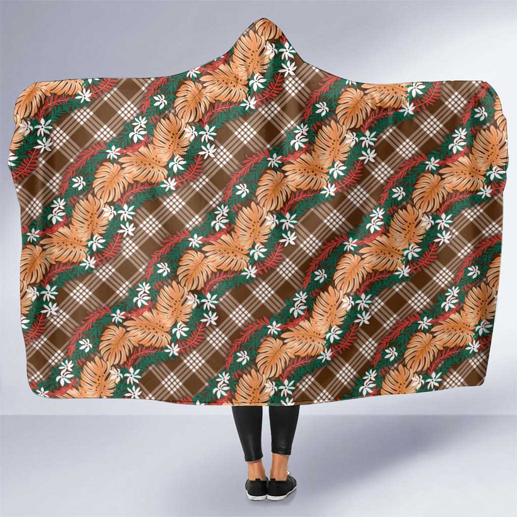 Polynesian Monstera Tiare Floral Hooded Blanket Chocolate Brown Tropical Plaid - Polynesian Pride