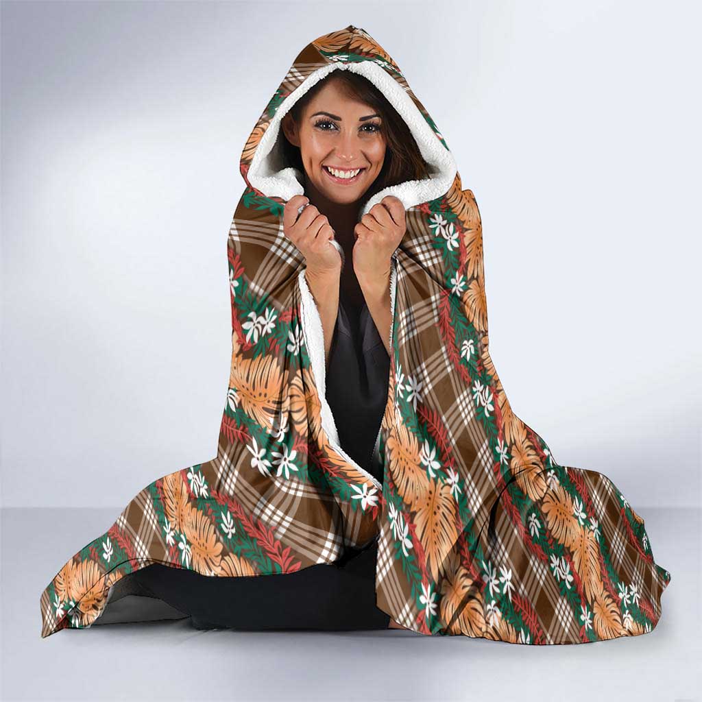 Polynesian Monstera Tiare Floral Hooded Blanket Chocolate Brown Tropical Plaid - Polynesian Pride