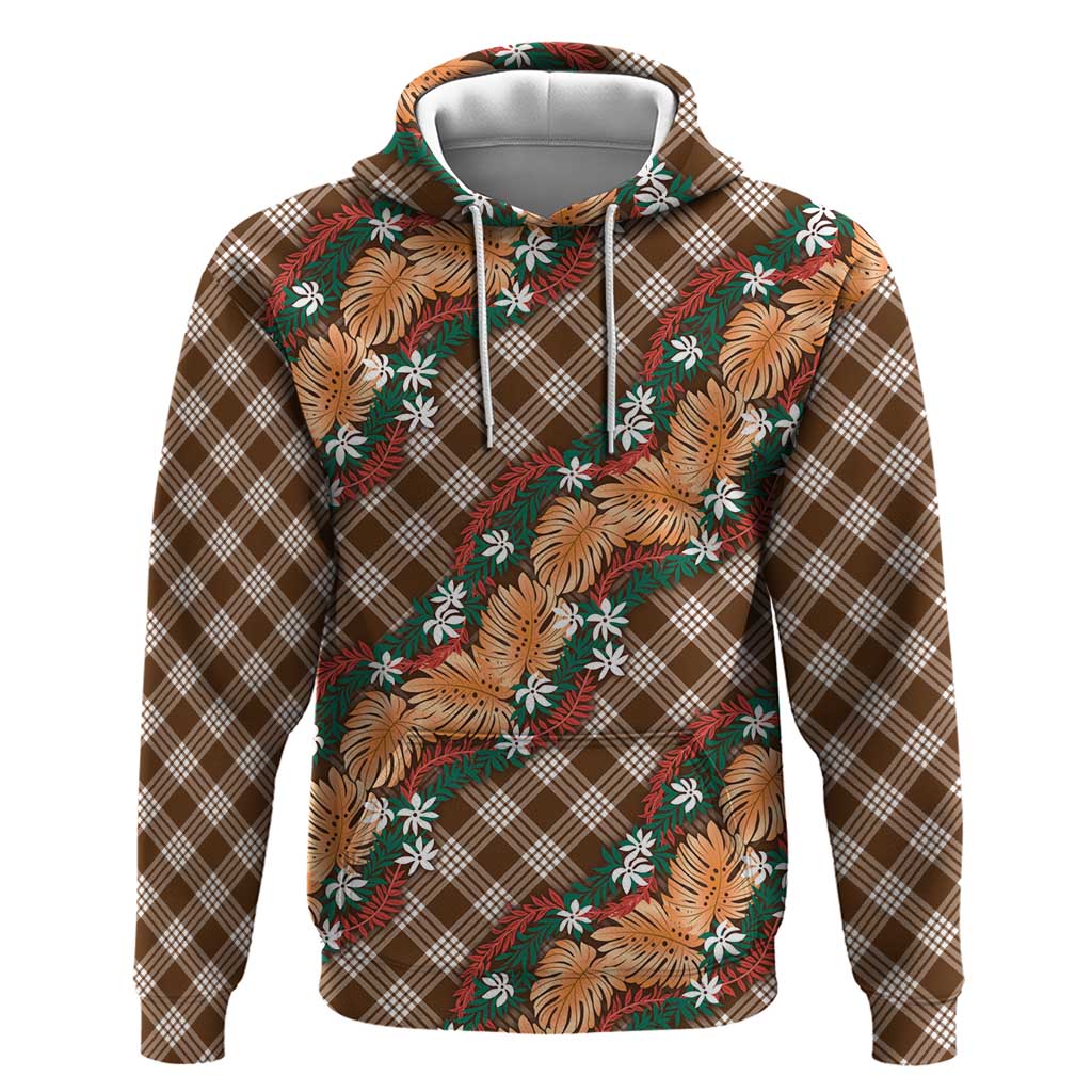 Polynesian Monstera Tiare Floral Hoodie Chocolate Brown Tropical Plaid - Polynesian Pride