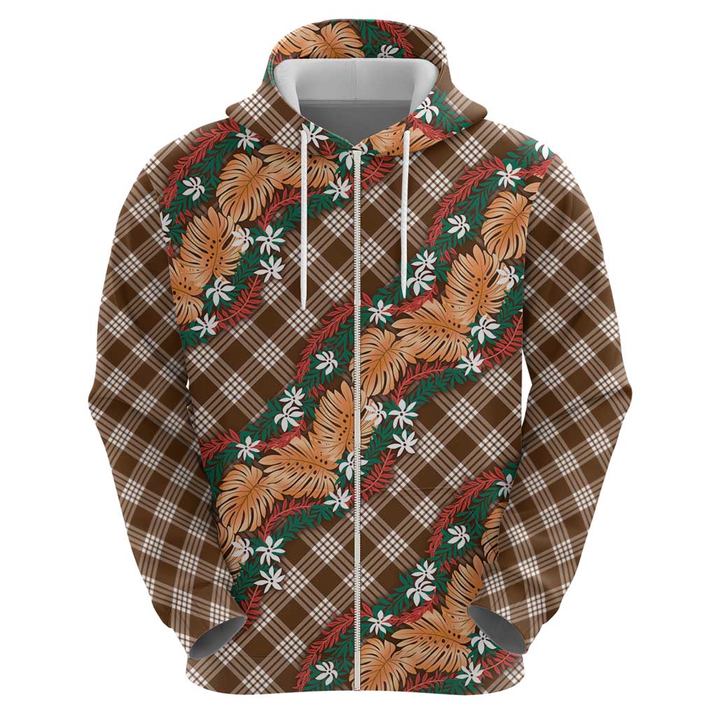 Polynesian Monstera Tiare Floral Hoodie Chocolate Brown Tropical Plaid - Polynesian Pride