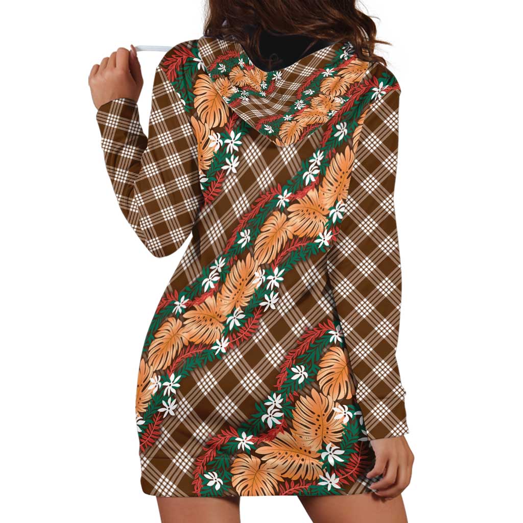 Polynesian Monstera Tiare Floral Hoodie Dress Chocolate Brown Tropical Plaid - Polynesian Pride