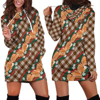 Polynesian Monstera Tiare Floral Hoodie Dress Chocolate Brown Tropical Plaid - Polynesian Pride