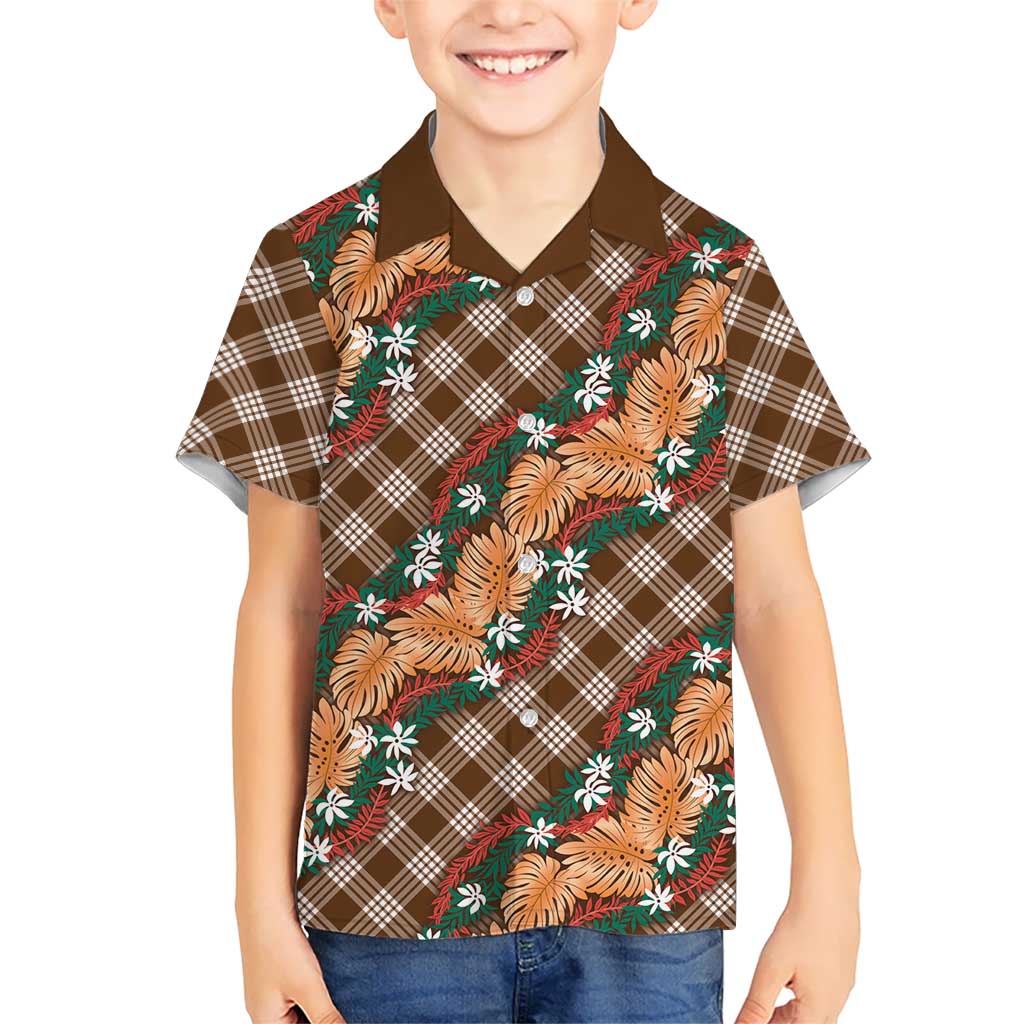 Polynesian Monstera Tiare Floral Kid Hawaiian Shirt Chocolate Brown Tropical Plaid - Polynesian Pride