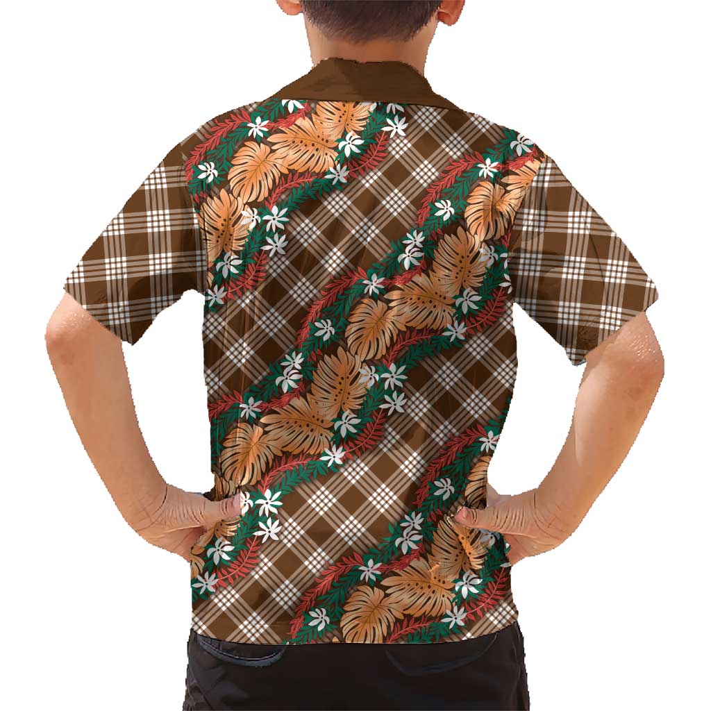 Polynesian Monstera Tiare Floral Kid Hawaiian Shirt Chocolate Brown Tropical Plaid - Polynesian Pride