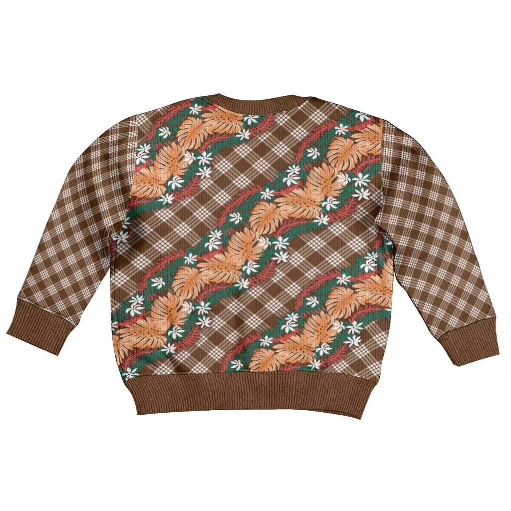 Polynesian Monstera Tiare Floral Kid Ugly Christmas Sweater Chocolate Brown Tropical Plaid - Polynesian Pride
