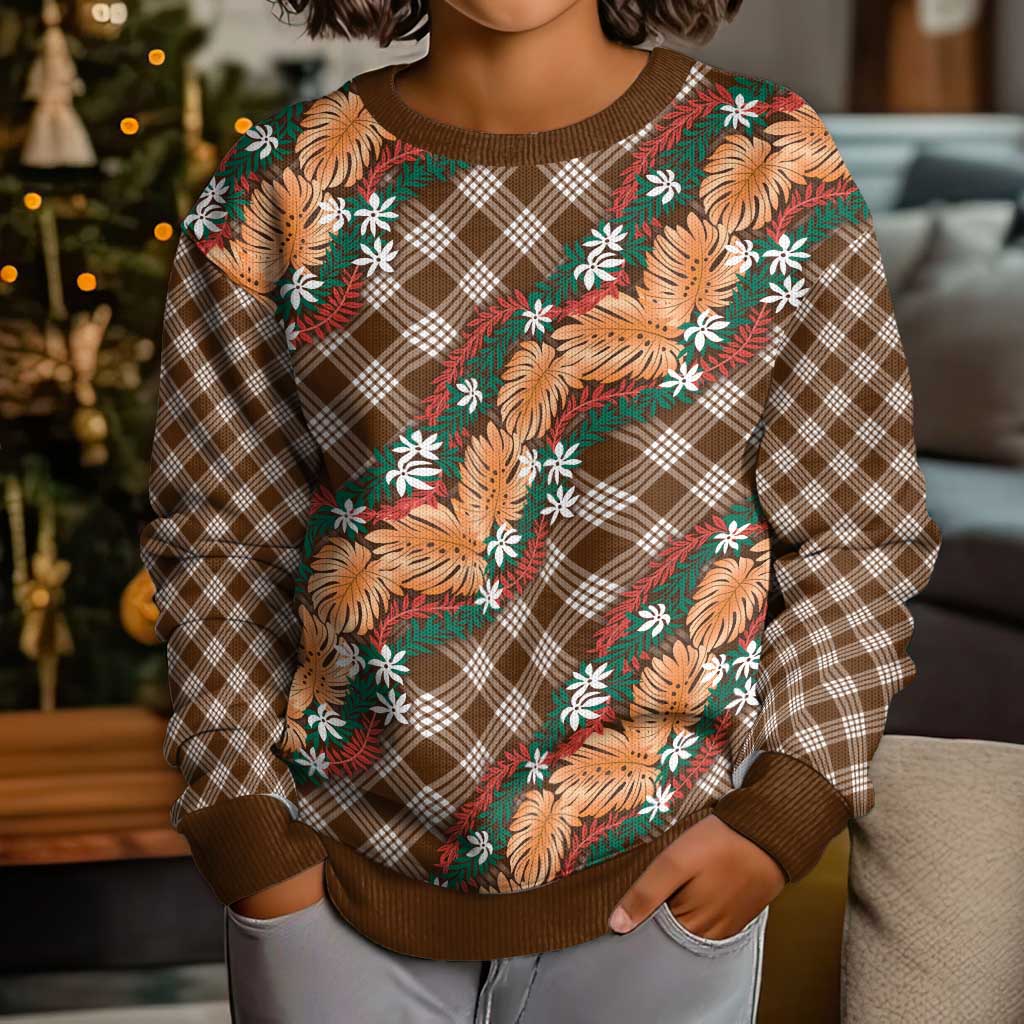 Polynesian Monstera Tiare Floral Kid Ugly Christmas Sweater Chocolate Brown Tropical Plaid - Polynesian Pride