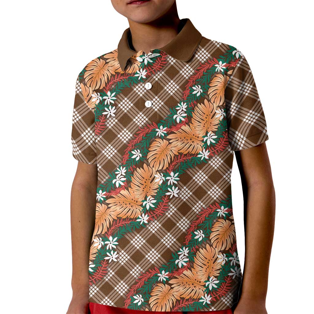 Polynesian Monstera Tiare Floral Kid Polo Shirt Chocolate Brown Tropical Plaid - Polynesian Pride
