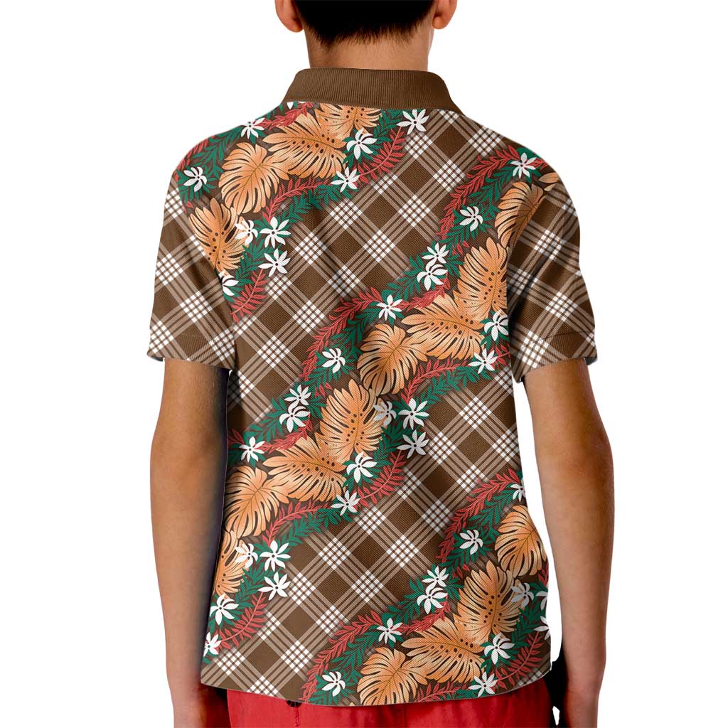 Polynesian Monstera Tiare Floral Kid Polo Shirt Chocolate Brown Tropical Plaid - Polynesian Pride