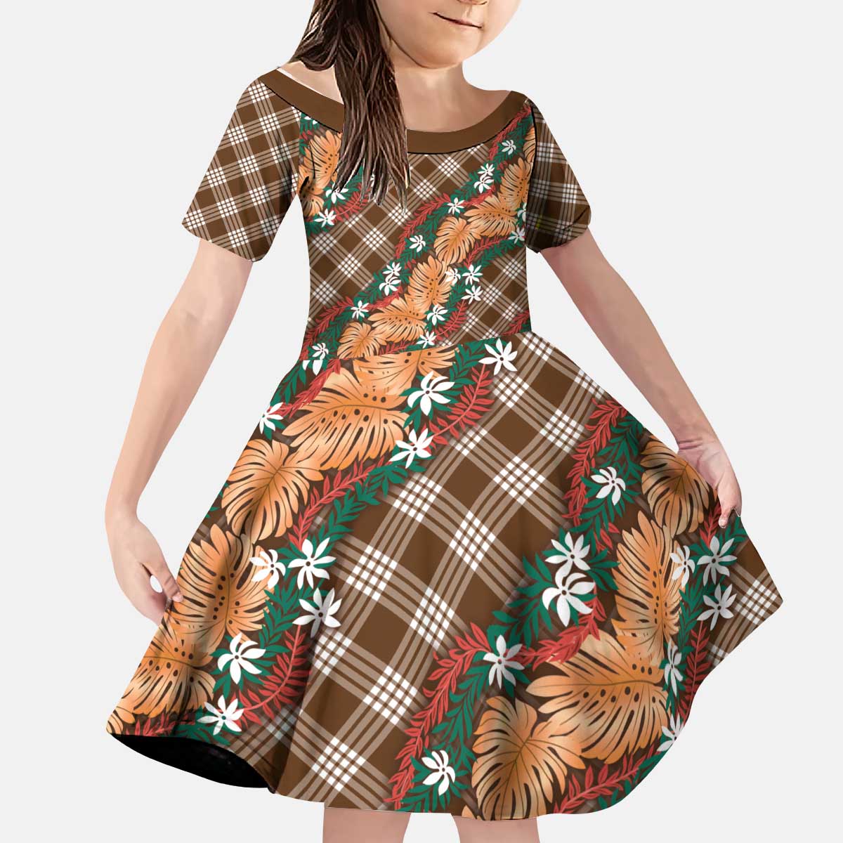 Polynesian Monstera Tiare Floral Kid Short Sleeve Dress Chocolate Brown Tropical Plaid LT01 KID Brown - Polynesian Pride