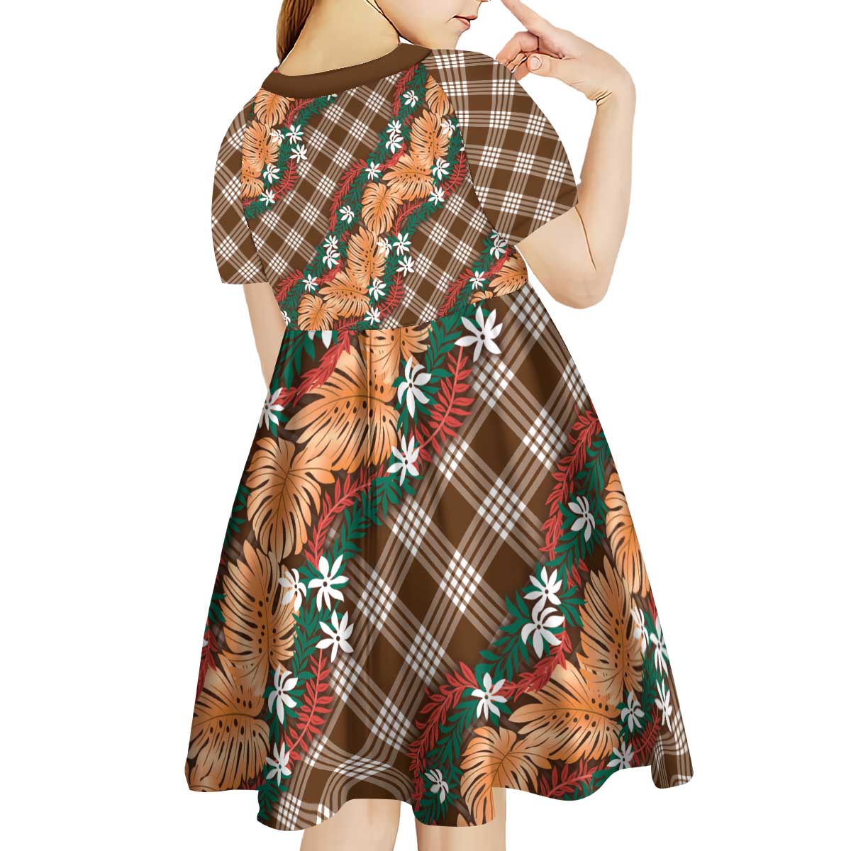Polynesian Monstera Tiare Floral Kid Short Sleeve Dress Chocolate Brown Tropical Plaid - Polynesian Pride