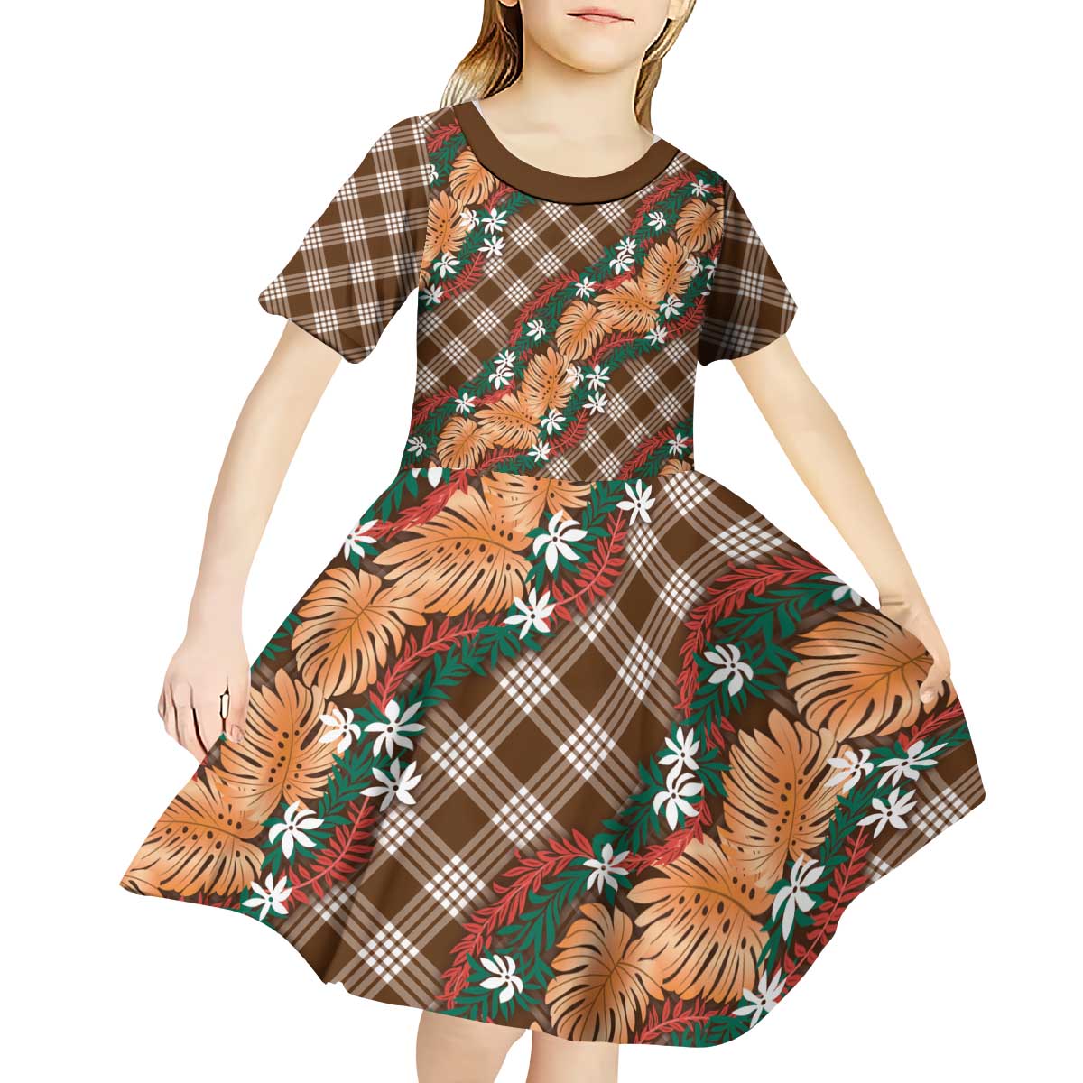 Polynesian Monstera Tiare Floral Kid Short Sleeve Dress Chocolate Brown Tropical Plaid - Polynesian Pride