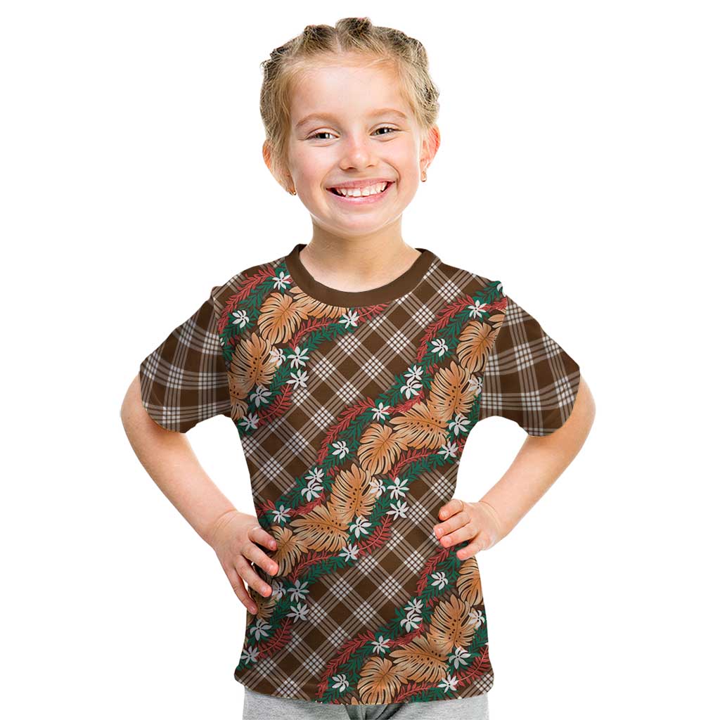 Polynesian Monstera Tiare Floral Kid T Shirt Chocolate Brown Tropical Plaid LT01 Brown - Polynesian Pride