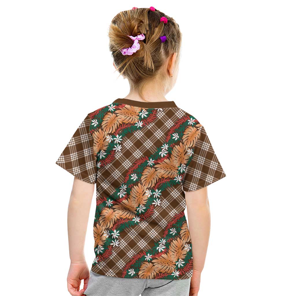 Polynesian Monstera Tiare Floral Kid T Shirt Chocolate Brown Tropical Plaid - Polynesian Pride