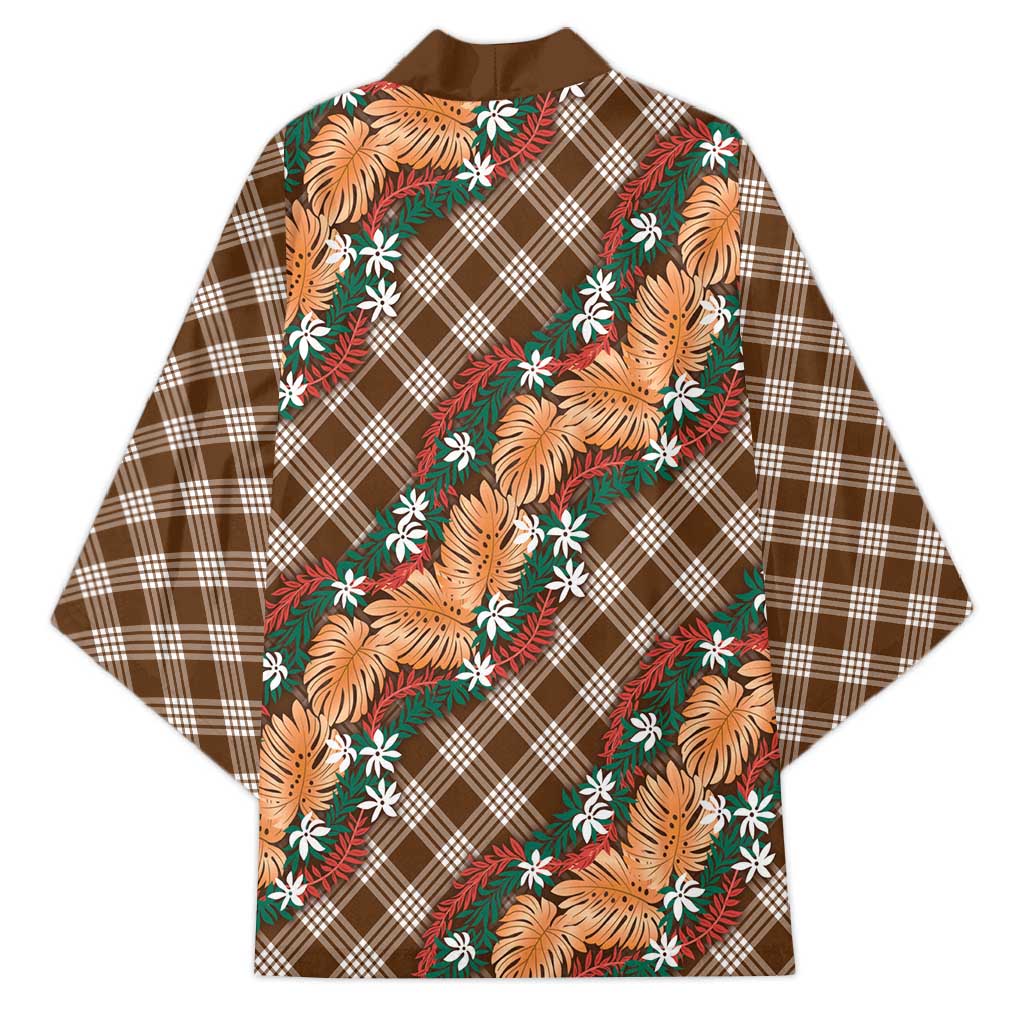 Polynesian Monstera Tiare Floral Kimono Chocolate Brown Tropical Plaid - Polynesian Pride