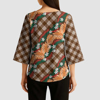 Polynesian Monstera Tiare Floral Kimono Sleeve Blouse Chocolate Brown Tropical Plaid - Polynesian Pride