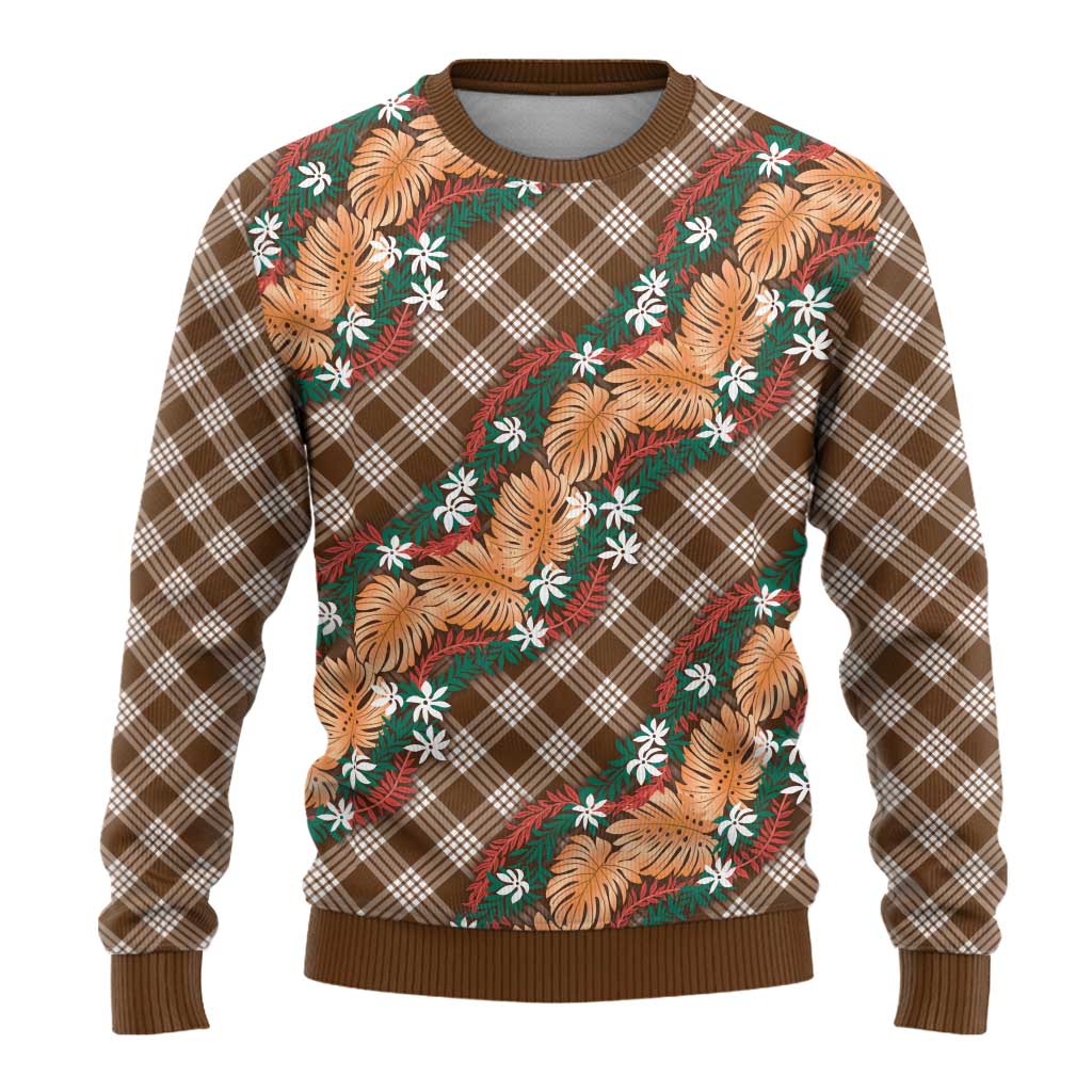 Polynesian Monstera Tiare Floral Ugly Christmas Sweater Chocolate Brown Tropical Plaid - Polynesian Pride