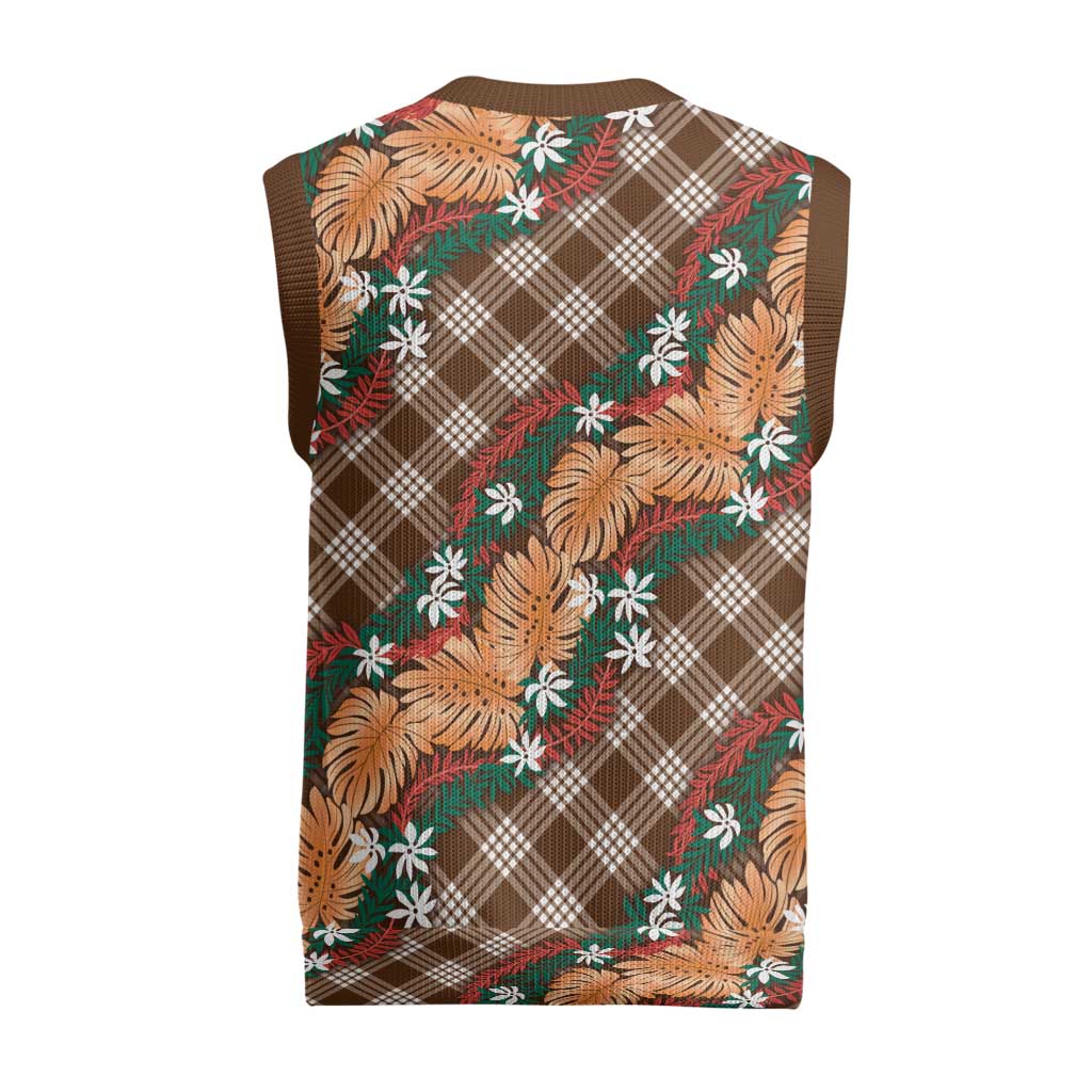 Polynesian Monstera Tiare Floral Christmas Knitted V-Neck Vest Chocolate Brown Tropical Plaid - Polynesian Pride