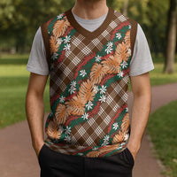 Polynesian Monstera Tiare Floral Christmas Knitted V-Neck Vest Chocolate Brown Tropical Plaid - Polynesian Pride