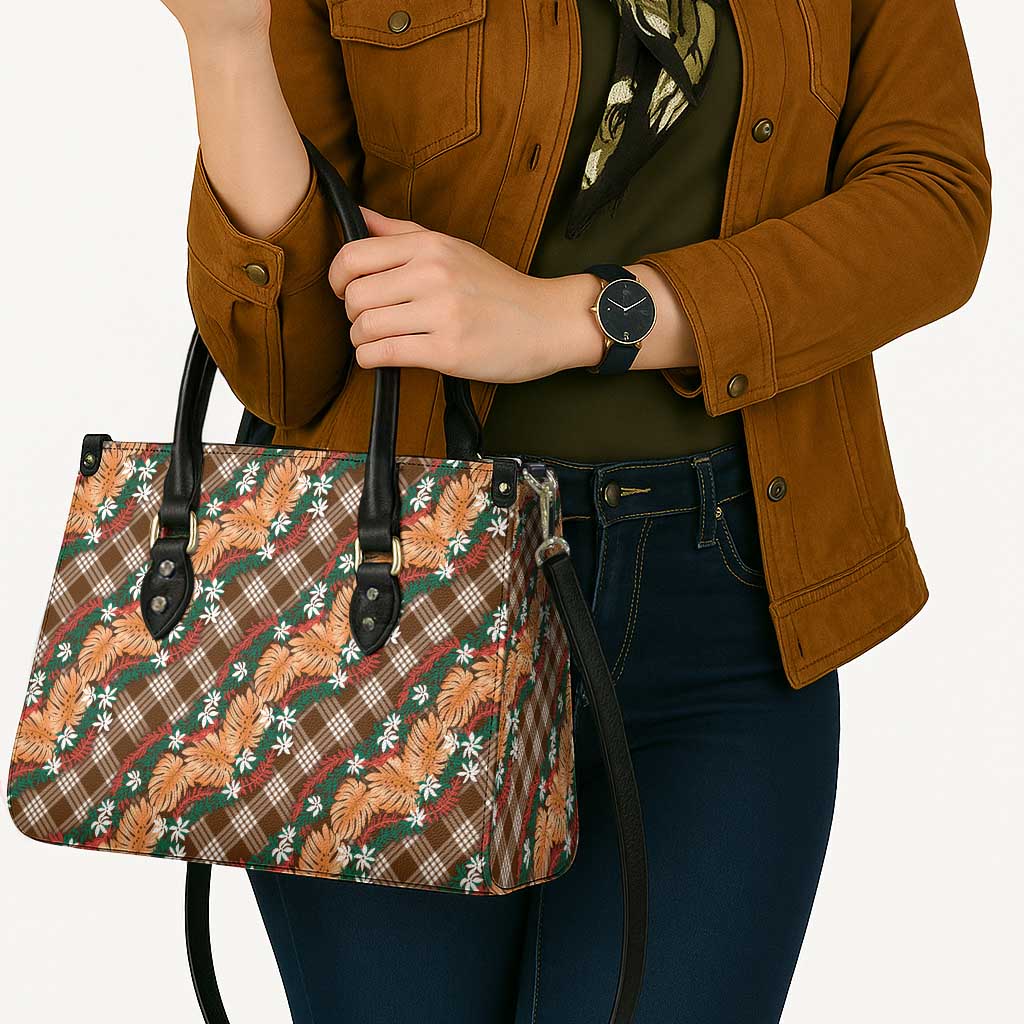 Polynesian Monstera Tiare Floral Leather Bag Chocolate Brown Tropical Plaid - Polynesian Pride