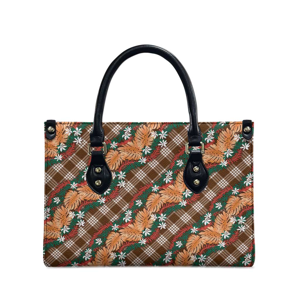 Polynesian Monstera Tiare Floral Leather Bag Chocolate Brown Tropical Plaid - Polynesian Pride