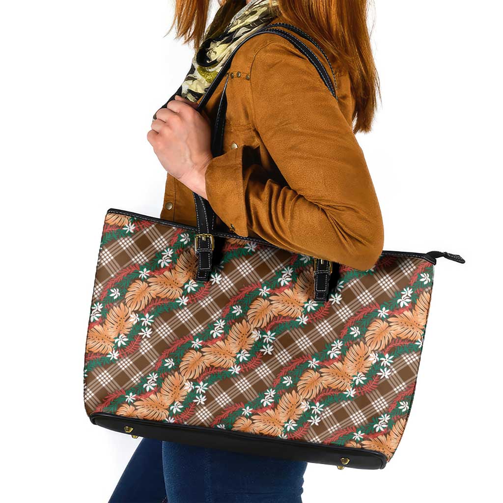 Polynesian Monstera Tiare Floral Leather Tote Bag Chocolate Brown Tropical Plaid - Polynesian Pride