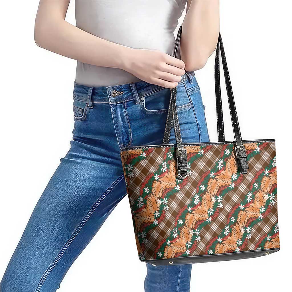Polynesian Monstera Tiare Floral Leather Tote Bag Chocolate Brown Tropical Plaid - Polynesian Pride