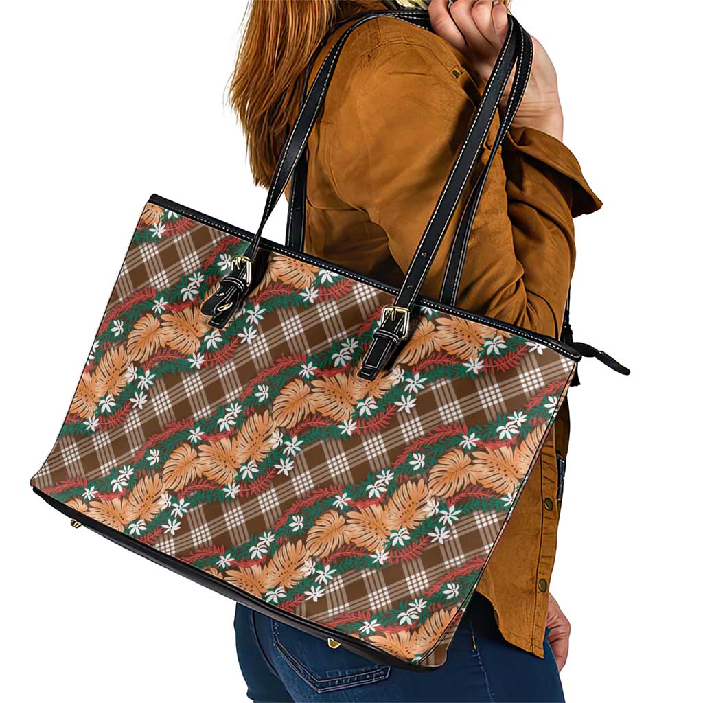 Polynesian Monstera Tiare Floral Leather Tote Bag Chocolate Brown Tropical Plaid - Polynesian Pride