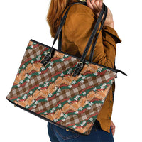 Polynesian Monstera Tiare Floral Leather Tote Bag Chocolate Brown Tropical Plaid - Polynesian Pride