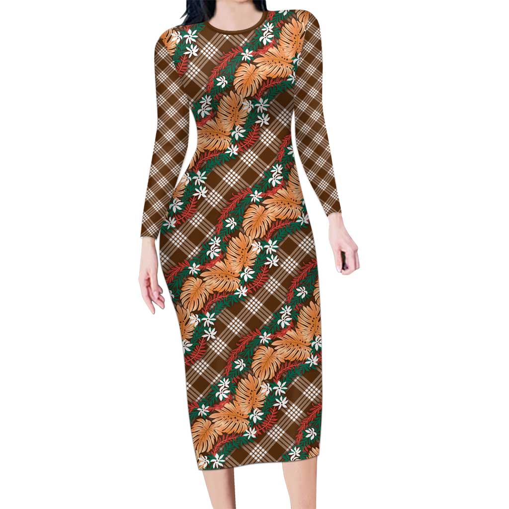 Polynesian Monstera Tiare Floral Long Sleeve Bodycon Dress Chocolate Brown Tropical Plaid LT01 Long Dress Brown - Polynesian Pride