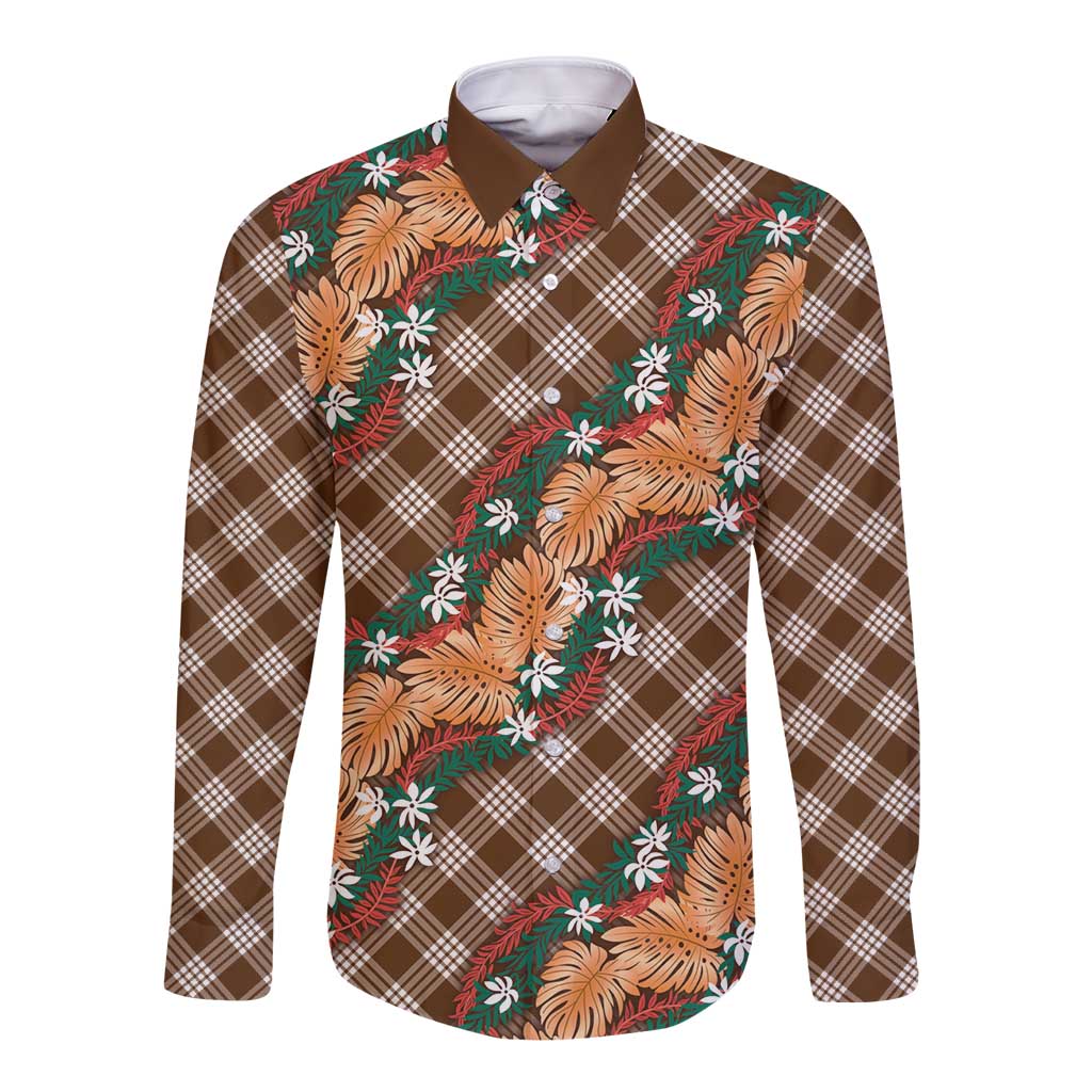 Polynesian Monstera Tiare Floral Long Sleeve Button Shirt Chocolate Brown Tropical Plaid - Polynesian Pride