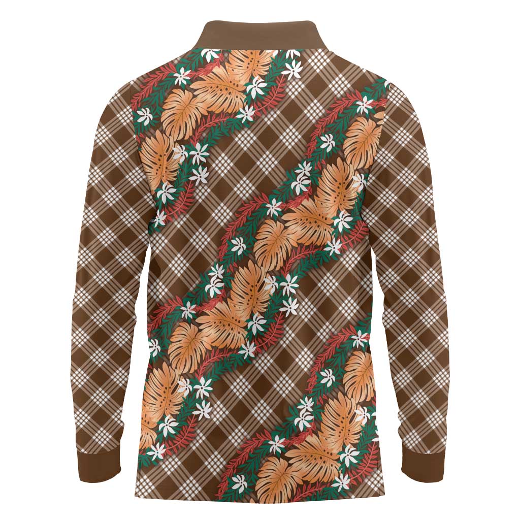 Polynesian Monstera Tiare Floral Long Sleeve Polo Shirt Chocolate Brown Tropical Plaid - Polynesian Pride