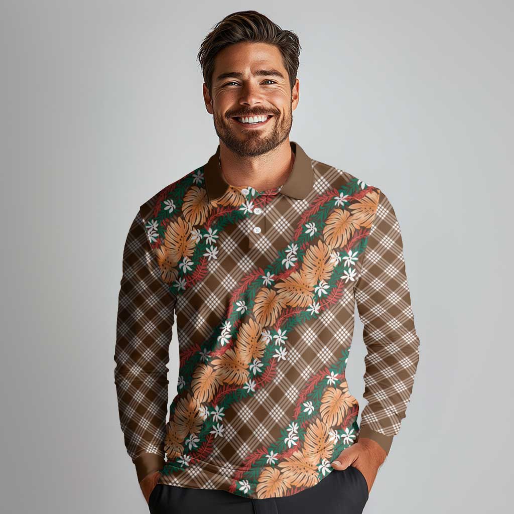 Polynesian Monstera Tiare Floral Long Sleeve Polo Shirt Chocolate Brown Tropical Plaid - Polynesian Pride