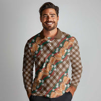Polynesian Monstera Tiare Floral Long Sleeve Polo Shirt Chocolate Brown Tropical Plaid - Polynesian Pride