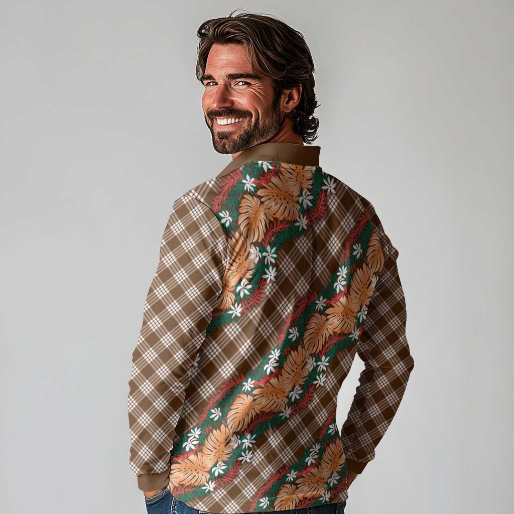 Polynesian Monstera Tiare Floral Long Sleeve Polo Shirt Chocolate Brown Tropical Plaid - Polynesian Pride