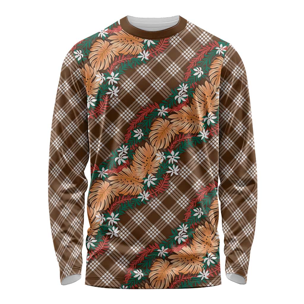 Polynesian Monstera Tiare Floral Long Sleeve Shirt Chocolate Brown Tropical Plaid LT01 Unisex Brown - Polynesian Pride
