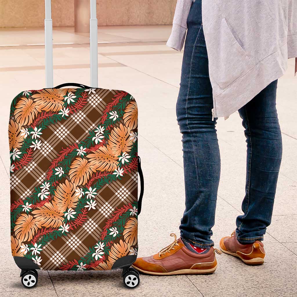Polynesian Monstera Tiare Floral Luggage Cover Chocolate Brown Tropical Plaid - Polynesian Pride