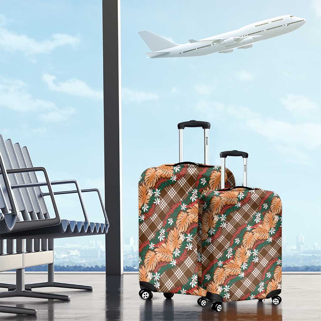 Polynesian Monstera Tiare Floral Luggage Cover Chocolate Brown Tropical Plaid - Polynesian Pride