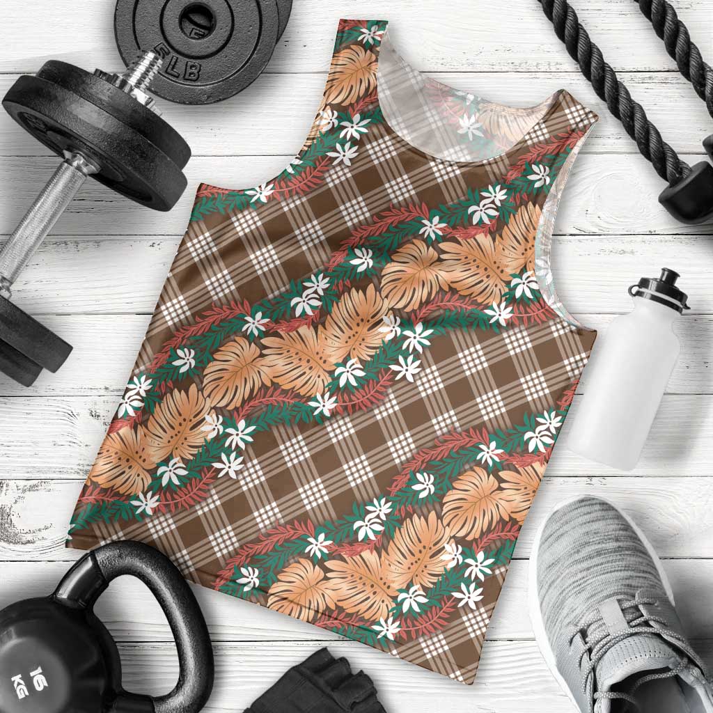 Polynesian Monstera Tiare Floral Men Tank Top Chocolate Brown Tropical Plaid - Polynesian Pride